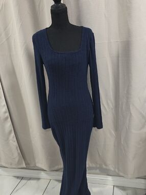 SHEIN Navy Ribbed Square-Neck Long Sleeve Maxi Dress